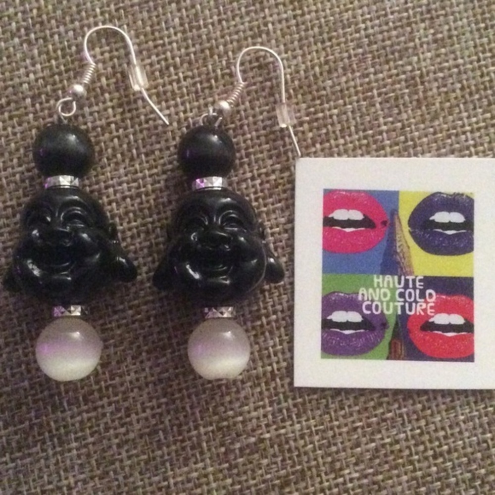 NEW Handmade Black Buddha Resin and Glass Earrings